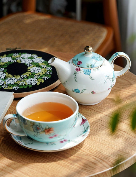 Porcelain Teapot with Matching Cup and Saucer in Gift Box, Stackable Teapot and Cup Set, Ceramic Tea Pot with Integrated Cup, Mother and Baby Teapot with Matching Saucer-Silvia Home Craft
