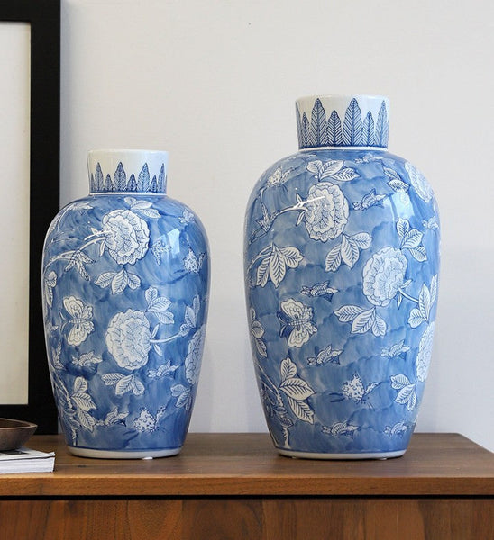 Centerpiece Ceramic Bouquet Vases, Handmade Modern Flower Vase, Large Flower Vases on Dining Table, Blue Porcelain Flower Vases-Silvia Home Craft