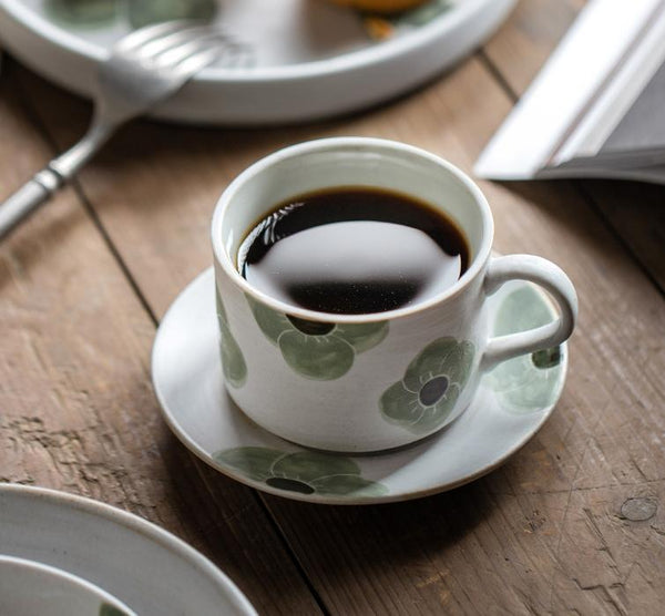 Cappuccino Coffee Cup, Spring Flower Coffee Cup, Rustic Tea Cup, Pottery Coffee Cups, Coffee Cup and Saucer Set-Silvia Home Craft