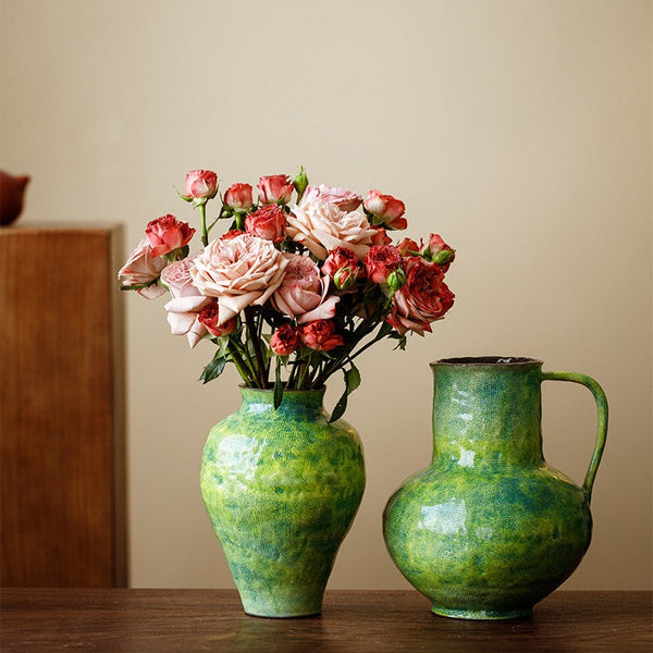 Centerpiece on Dining Table, Modern Pottery Flower Vases, Handmade Water Holding Flower Vases, Pottery Bud Vases, Large Green Flower Vases on Table-Silvia Home Craft