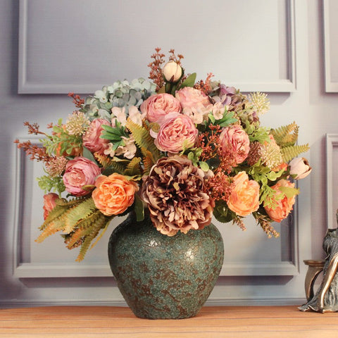 Large Bunch of Autumn Flowers Arrangement Interior Design, Unique Artificial Floral Arrangement for Dining Room, Peony Faux Silk Floral Bouquet Table Centerpiece-Silvia Home Craft