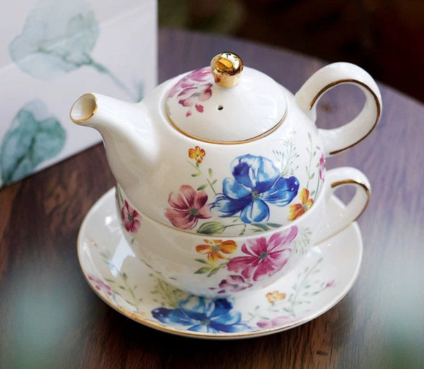 Ceramic Tea Pot with Integrated Cup, Stackable Teapot and Cup Set, Porcelain Teapot with Matching Cup and Saucer in Gift Box, Mother and Baby Teapot with Matching Saucer-Silvia Home Craft