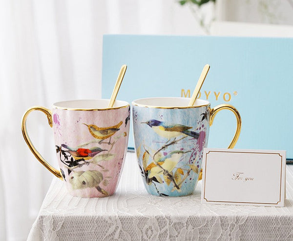 Elegant Ceramic Coffee Mug, Beautiful Bird Flower Ceramic Mug, Large Creative Porcelain Mug, Large Capacity Ceramic Mugs for Office-Silvia Home Craft