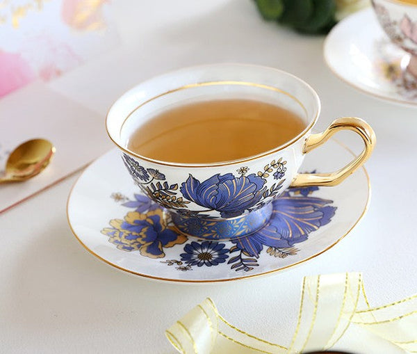 Elegant Ceramic Coffee Cups, Afternoon British Tea Cups, Unique Iris Flower Tea Cups and Saucers in Gift Box, Royal Bone China Porcelain Tea Cup Set-Silvia Home Craft