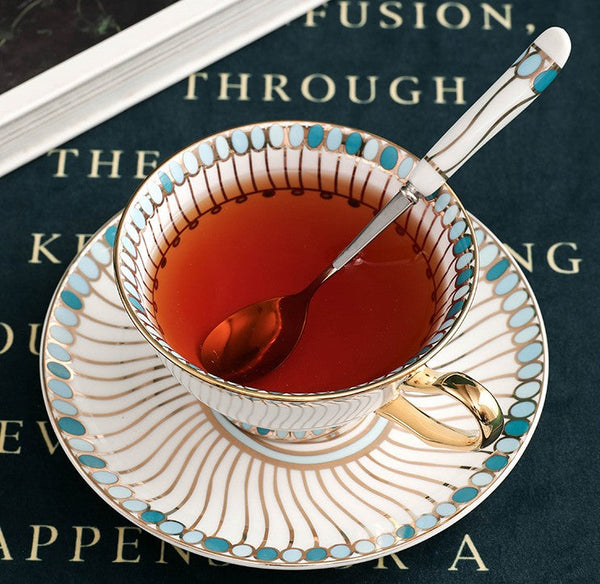 Unique Tea Cup and Saucer in Gift Box, Elegant British Ceramic Coffee Cups, Bone China Porcelain Tea Cup Set for Office, Green Ceramic Cups-Silvia Home Craft