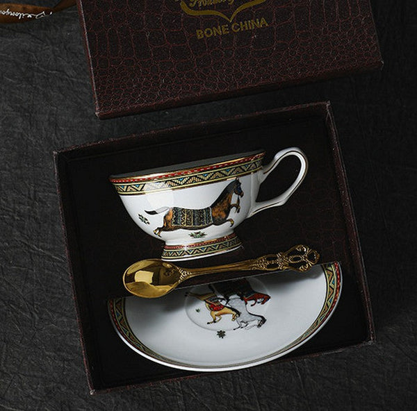 Elegant British Horse Pattern Coffee Cup with Saucer, 7.4 oz Ceramic Tea Cup and Saucer in Gift Box, Porcelain Tea Cup and Saucer Set-Silvia Home Craft