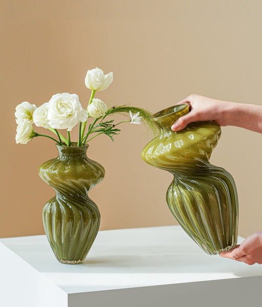 Handmade Contemporary Glass Vases, Modern Green Vases for Living Room, Mid Century Vases for Flowers, Unique Decorative Glass Vase, Centerpiece Vases on Table-Silvia Home Craft