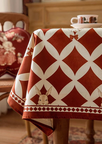 Holiday Red Tablecloth for Dining Table, Rabbit Pattern Table Cover for Dining Room Table, Modern Rectangle Tablecloth for Oval Table-Silvia Home Craft