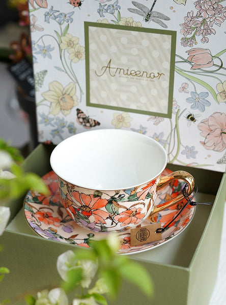 Elegant Ceramic Coffee Cups, Flower Bone China Porcelain Tea Cup Set, British Royal Ceramic Cups for Afternoon Tea, Unique Tea Cup and Saucer in Gift Box-Silvia Home Craft