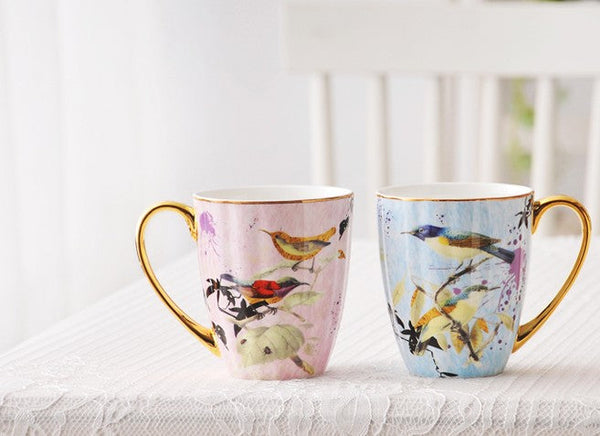 Elegant Ceramic Coffee Mug, Beautiful Bird Flower Ceramic Mug, Large Creative Porcelain Mug, Large Capacity Ceramic Mugs for Office-Silvia Home Craft