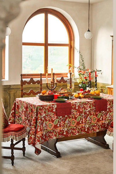 Large Modern Rectangle Tablecloth for Dining Table, Azalea Flower Pattern Table Covers for Dining Table, Red Flower Pattern Table Cloth for Oval Table-Silvia Home Craft