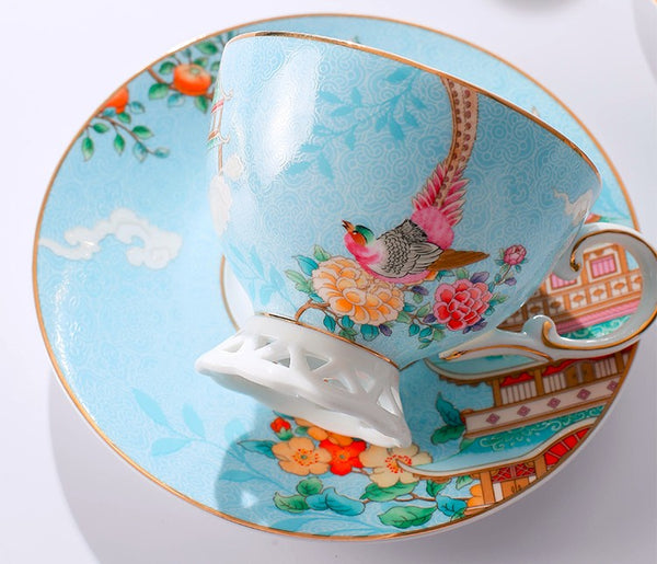 Elegant Oriental Pheasant Ceramic Cups, Beautiful Bird Pattern Tea Cups, 8 oz Porcelain Tea Cup Saucer Set of 2 Cups, Unique Tea Cup and Saucer in Gift Box-Silvia Home Craft