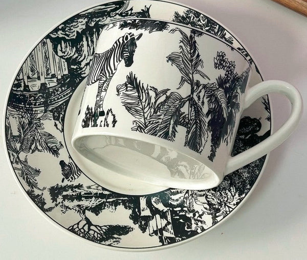 Royal Ceramic Cups, Elegant Ceramic Coffee Cups, 6.8 oz Tea Cup and Saucer in Gift Box, Zebra Jungle Porcelain Tea Cup Saucer Set-Silvia Home Craft