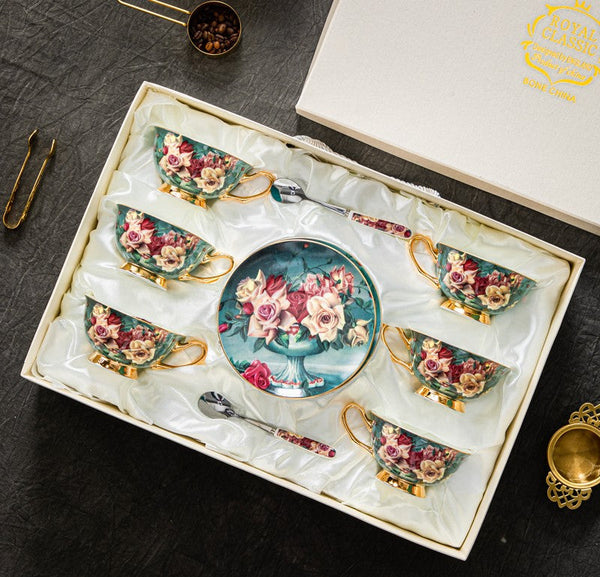 Rose Royal Ceramic Cups, Elegant Flower Ceramic Coffee Cups, Afternoon Bone China Porcelain Tea Cup Set, Unique Tea Cups and Saucers in Gift Box-Silvia Home Craft
