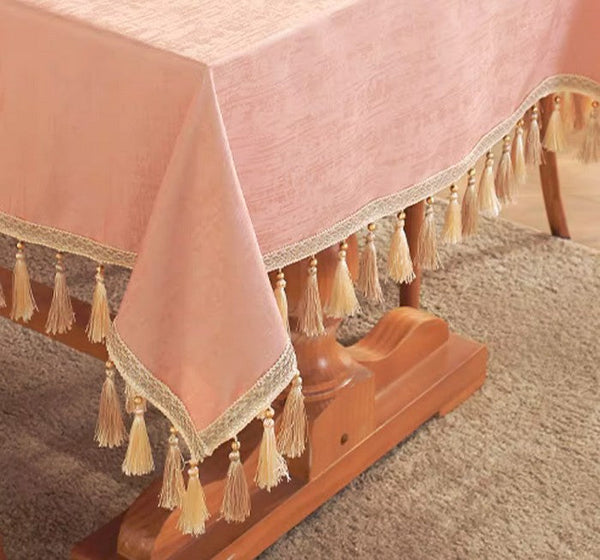 Pink Fringes Tablecloth for Home Decoration, Modern Rectangle Tablecloth, Large Simple Table Cover for Dining Room Table, Square Tablecloth for Round Table-Silvia Home Craft