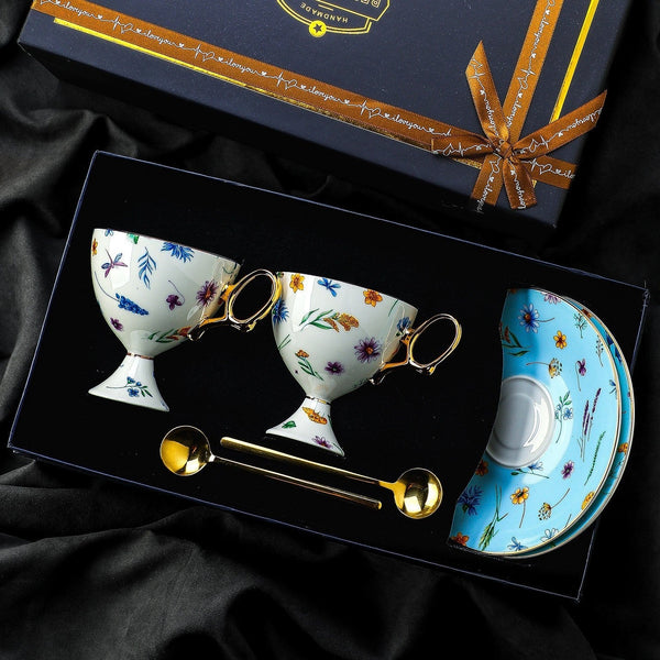 Elegant British Ceramic Coffee Cup with Saucer, 6.8 oz Tea Cup and Saucer Set in Gift Box, Floral Porcelain Tea Cup and Saucer Set, Flower Ceramic Tea Cup and Saucer-Silvia Home Craft
