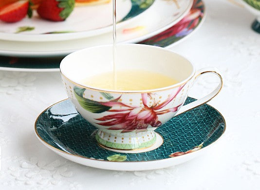 Lotus Flower Porcelain Tea Cup Saucer Set, Elegant Ceramic Coffee Cups, Beautiful British Tea Cups, Traditional English Tea Cup and Saucer-Silvia Home Craft