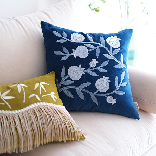 Large Decorative Pillows for Couch, Living Room Decorative Pillows, Blue Embroidered Pomegranate Cushion, Modern Throw Pillows for Bedroom, Decorative Pillow Arrangement Ideas for Couch-Silvia Home Craft