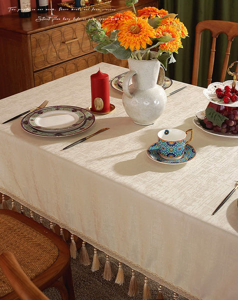 Modern Rectangle Tablecloth for Kitchen, Beige Fringes Tablecloth for Home Decoration, Square Tablecloth for Round Table, Large Simple Table Cloth for Dining Room Table-Silvia Home Craft