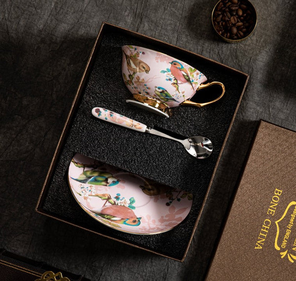 Lovely Birds Ceramic Cups, Elegant Ceramic Coffee Cups, Afternoon Porcelain Tea Cup Saucer Set, Unique Tea Cup and Saucer in Gift Box-Silvia Home Craft