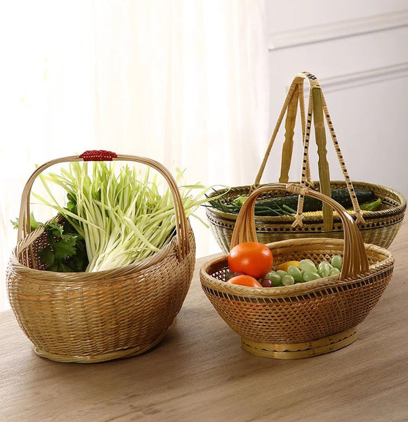 Natural Hand-woven Bamboo Basket, Extra Large Picnic Food Basket with Handle, Lovely Bamboo Baskets for Vegetable, Natural Fruit Basket Kitchen Storage Baskets-Silvia Home Craft