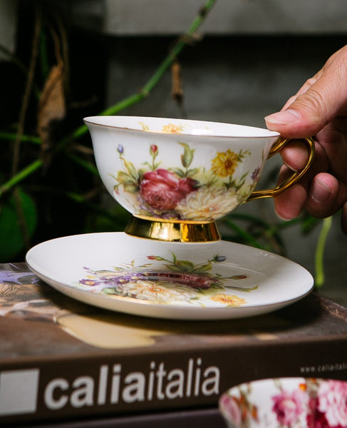 Elegant Rose Flower Ceramic Cups, Unique Royal Coffee Cup and Saucer, Creative Porcelain Tea Cup Saucer Set, Beautiful British Tea Cups-Silvia Home Craft