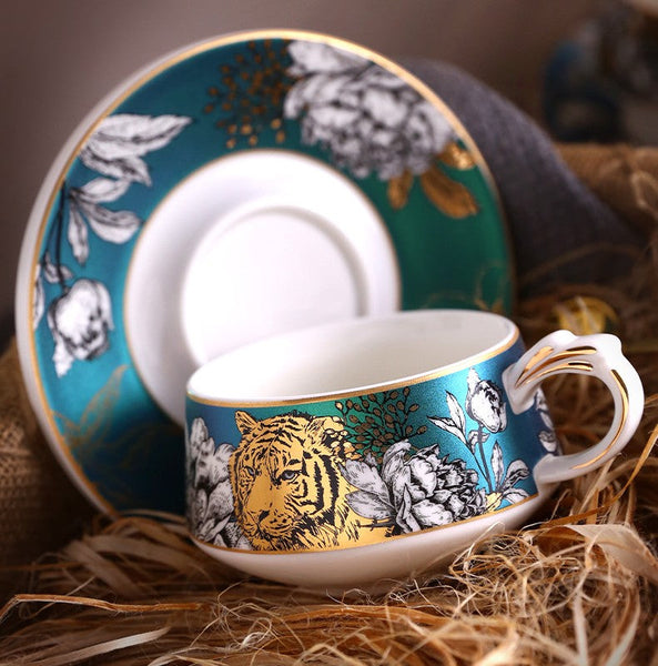Creative Ceramic Tea Cup and Saucer, Jungle Tiger Cheetah Porcelain Coffee Cups, Unique Ceramic Cups with Gold Trim and Gift Box-Silvia Home Craft