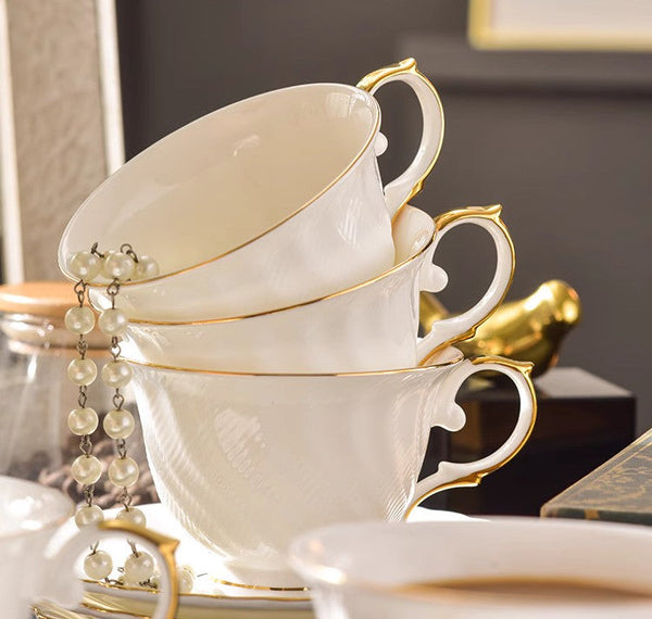 White Porcelain Tea Cup Saucer Set, 8 oz British Tea Cup and Saucer in Gift Box, Unique British Ceramic Coffee Cups for Traditional Afternoon Tea-Silvia Home Craft