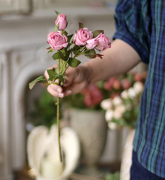 Artificial Flowers for Living Room, 12 Branches of Pink Rose Flowers, Pink Rose Flower in Vase, Real Touch Flowers, Simple Flower Arrangement Ideas for Home Decoration-Silvia Home Craft