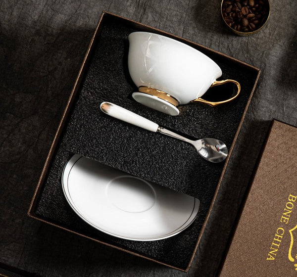 White Ceramic Cups, Elegant British Ceramic Coffee Cups, 7.8 oz Porcelain Tea Cup Saucer Set, Unique Tea Cup and Saucer in Gift Box-Silvia Home Craft