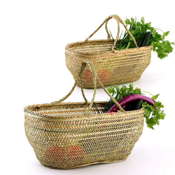 Picnic Food Basket with Handle, Large Natural Hand-woven Bamboo Basket, Lovely Bamboo Baskets for Vegetable, Natural Fruit Basket Kitchen Storage Baskets-Silvia Home Craft
