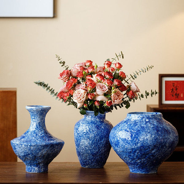 Modern Pottery Flower Vases, Handmade Water Holding Flower Vases, Centerpiece on Dining Table, Blue Pottery Bud Vases, Large Flower Vases on Table-Silvia Home Craft