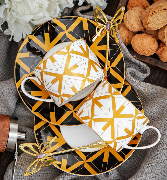 Modern Coffee Cup and Saucer, 8 oz Ceramic Cups, Creative Porcelain Tea Cup Saucer Set, Beautiful British Tea Cups-Silvia Home Craft