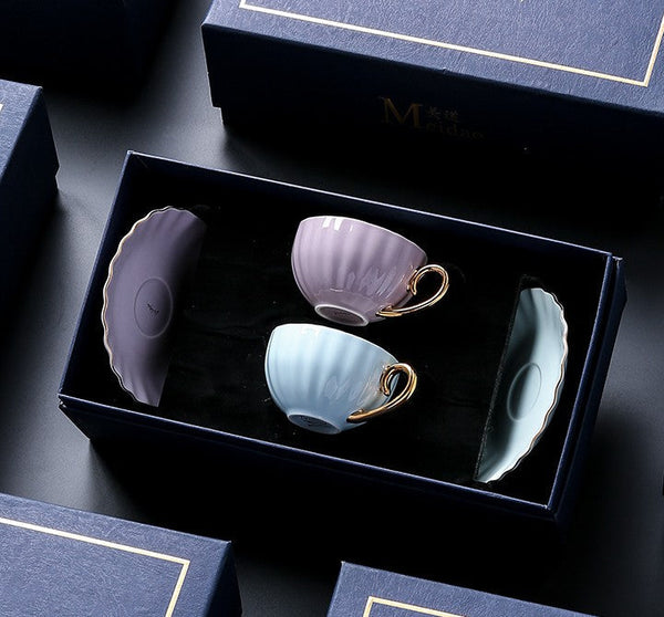 Elegant Macaroon Ceramic Coffee Cups, Beautiful British Tea Cups, Creative Porcelain Tea Cup Saucer Set of 2 Cups, 6.8 oz Tea Cup and Saucer in Gift Box as Birthday Gift-Silvia Home Craft