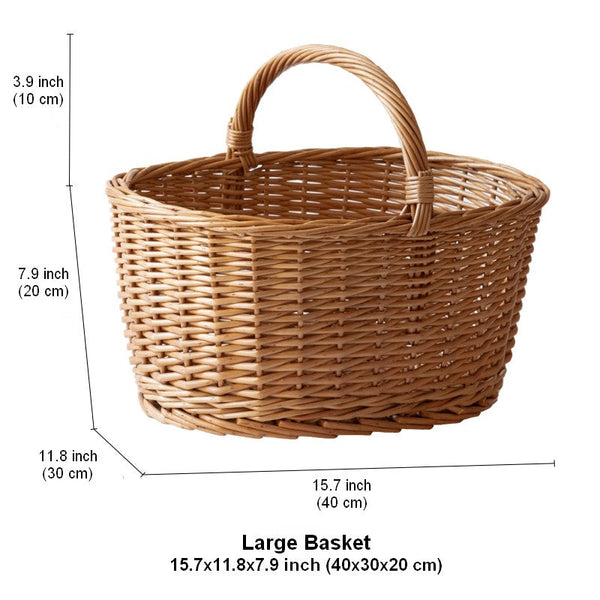 Large Picnic Food Basket with Handle, Natural Hand-woven Wicker Storage Basket, Willow Weaving Baskets for Vegetable, Natural Fruit Basket, Kitchen Storage Baskets-Silvia Home Craft