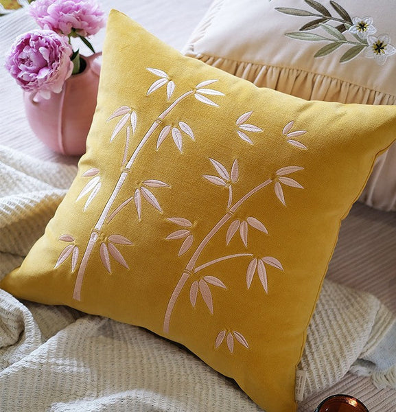 Large Decorative Pillows for Couch, Modern Throw Pillows for Bedroom, Living Room Decorative Pillows, Yellow Embroidered Bamboo Cushion, Decorative Pillow Arrangement Ideas for Couch-Silvia Home Craft