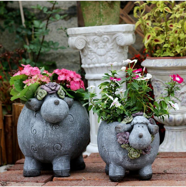 Lovely Sheep Statue for Garden, Sheep Flower Pot, Animal Statue for Garden Courtyard Ornament, Villa Outdoor Decor Gardening Ideas-Silvia Home Craft
