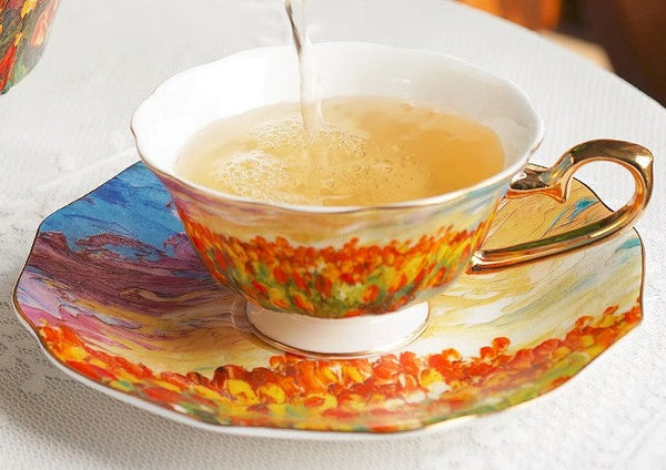 Elegant Ceramic Coffee Cups, Flower Field Vintage Porcelain Tea Cup Saucer Set, Unique British Tea Cup and Saucer in Gift Box, Royal Ceramic Cups-Silvia Home Craft
