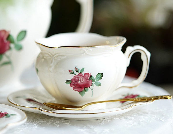 British Royal Ceramic Cups for Traditional Afternoon Tea, 7.4 oz Ceramic Coffee Cups, Rose Porcelain Tea Cup Saucer Set, 6.8 oz Tea Cup and Saucer in Gift Box-Silvia Home Craft