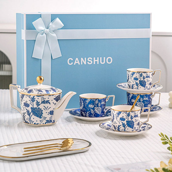 Unique British Traditional Afternoon Tea Cup Set with Teapot, 8 oz Ceramic Coffee Cup with Saucer Set of 4 cups in Gift Box, Blue Porcelain Tea Cup and Saucer Set-Silvia Home Craft