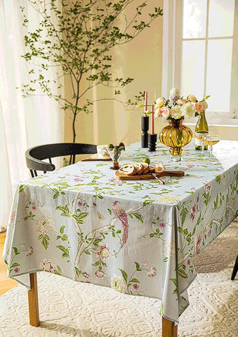 Singing Bird Tablecloth for Round Table, Kitchen Table Cover, Flower Table Cover for Dining Room Table, Modern Rectangle Tablecloth Ideas for Oval Table-Silvia Home Craft