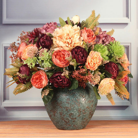 Amazing Artificial Floral Arrangement for Dining Room, Large Bunch of Autumn Flowers Arrangement, Peony Faux Silk Floral Bouquet Table Centerpiece-Silvia Home Craft