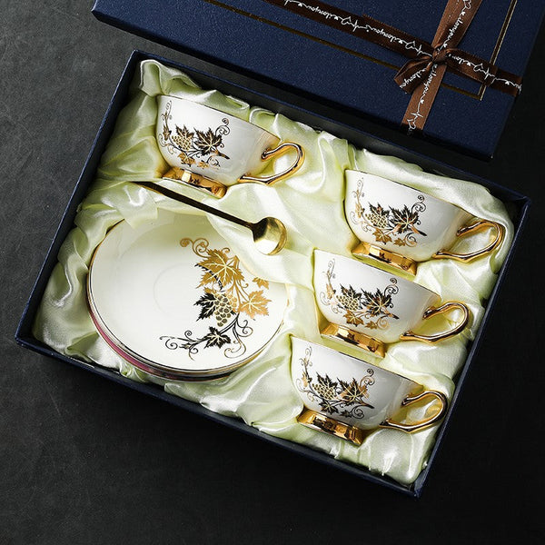 Elegant British Ceramic Coffee Cups, Golden Leaves and Grapes Bone China Porcelain Tea Cup Set, Unique British Tea Cup and Saucer in Gift Box-Silvia Home Craft