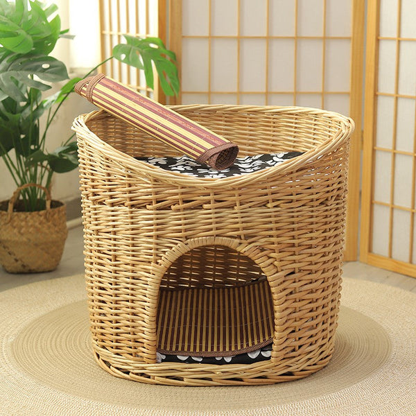 Washable Wicker Cat Bed, Wicker Cat House with Washable Cushion for Indoor Cats and Dogs-Silvia Home Craft