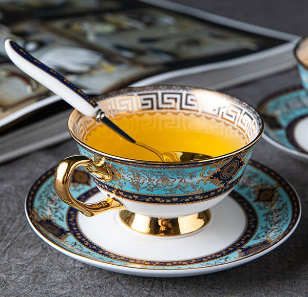 Unique Tea Cup and Saucer in Gift Box, 7.4 oz British Ceramic Coffee Cups, Porcelain Tea Cup Set for Office-Silvia Home Craft