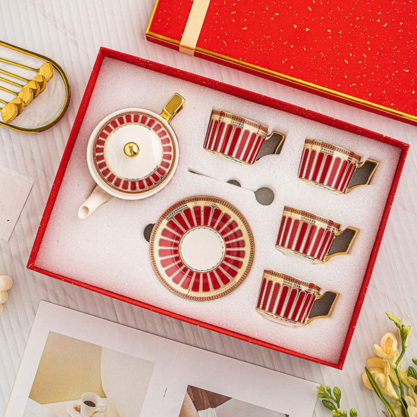 Beautiful Porcelain Tea Cup and Saucer Set of 4 cups, 7.4 oz Red Tea Cup and Saucer Set with Teapot in Gift Box, Modern Ceramic Coffee Cups-Silvia Home Craft