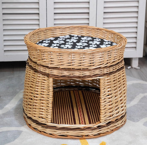 Large Double-Layer Cat Bed, Wicker Cat House Basket with Washable Cushion for Indoor Cats and Dogs-Silvia Home Craft
