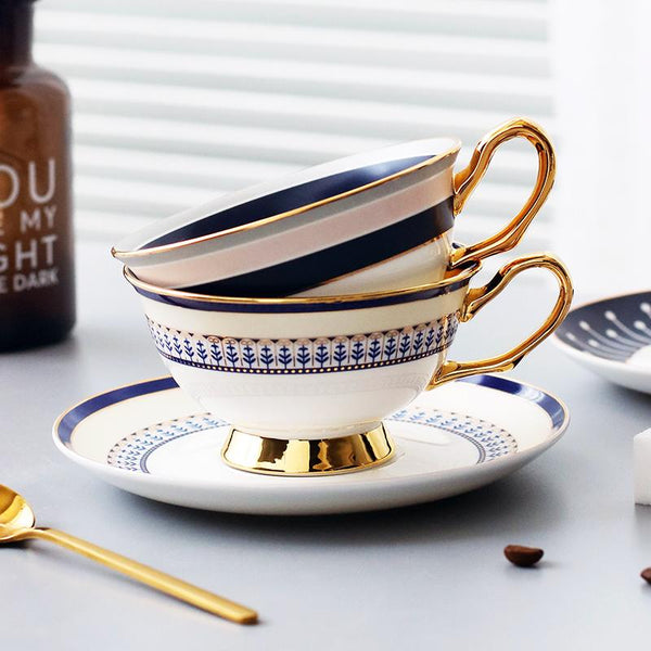 British Tea Cups, Porcelain Coffee Cups, Latte Coffee Cups, Tea Cups and Saucers, Coffee Cups with Gold Trim and Gift Box-Silvia Home Craft