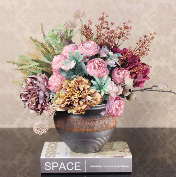 Real Touch Faux Silk Floral Bouquet Table Centerpiece, Beautiful Artificial Floral Arrangement for Bedroom, Large Bunch of Peony Flowers Arrangement-Silvia Home Craft