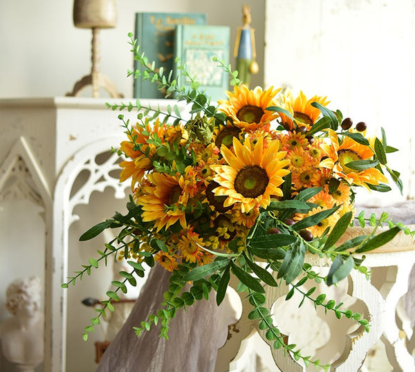 Large Bunch of Yellow Sunflowers, Unique Floral Arrangement for Home Decoration, Table Centerpiece, Real Touch Artificial Flowers for Living Room-Silvia Home Craft
